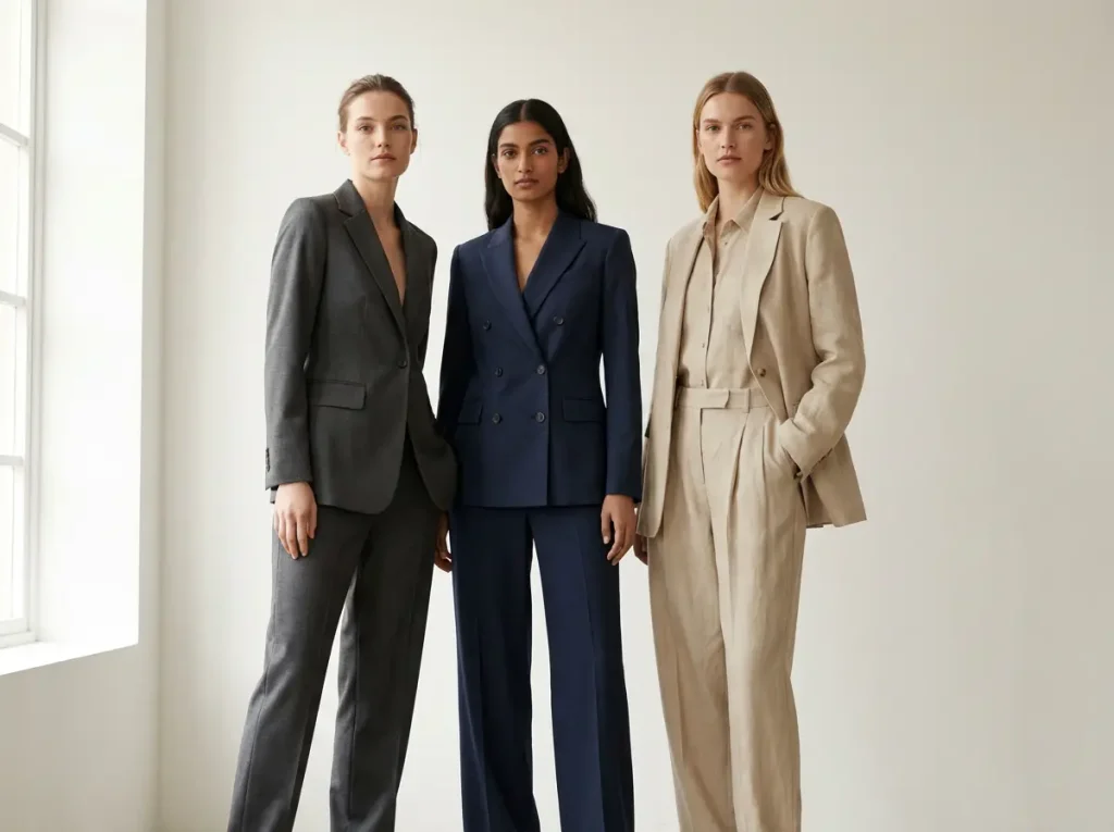 three womans in bespoke tailor suits